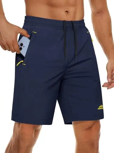 Image of MAGCOMSEN Quick Dry Shorts Men Gym Running Activewear Shorts Leisure Walking Shorts Adult Workout Shorts Zip Pockets Navy, 38