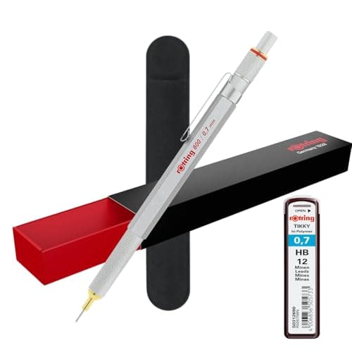 Image of rOtring 800 Mechanical Pencil 0.7mm Silver | Full Metal Body | Includes 12 HB Leads + BlackVelvet Pouch | Retractable Precision Drafting Pen