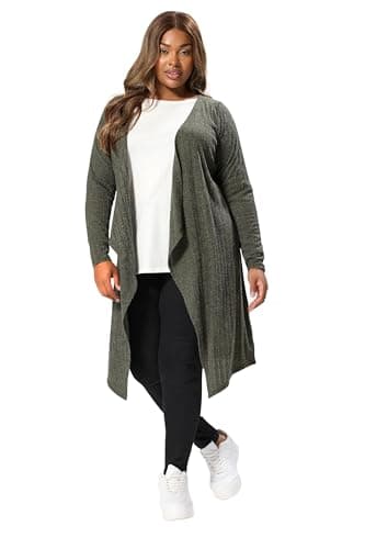 Image of Yours Curve Khaki Ribbed Midaxi Waterfall Cardigan - Women's - Plus Size Curve