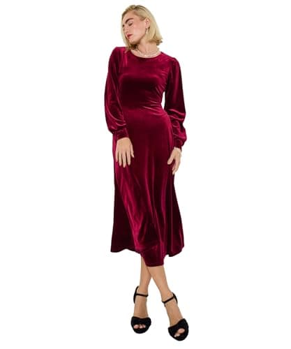 Image of Joe Browns Women's Stretchy Velvet Midi Dress, Regular, Red, UK 18