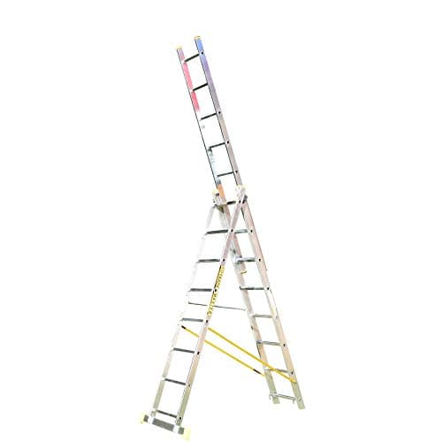 Image of Trade Master Pro® 3 Section Combination Ladder | All in One Extension Ladder, Double Step Ladder | Aluminium | Anti Slip Stabiliser Bar | 150kg Weight Rating | EN131 Pro Certified | Size: 3x8