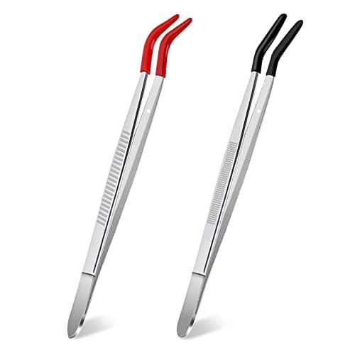 Image of Grevosea 2-Piece Rubber-Tipped Curved Tweezers, Stainless Steel, Black, Long & Bent Tips for Crafts & Jewelry Repair