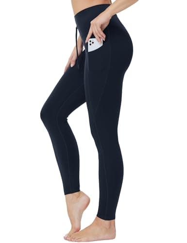 Image of THE GYM PEOPLE Women's High Waist Drawstring Gym Leggings with Pockets Stretchy Tummy Control Yoga Pants for Ladies Sports Running/Navy Blue/M