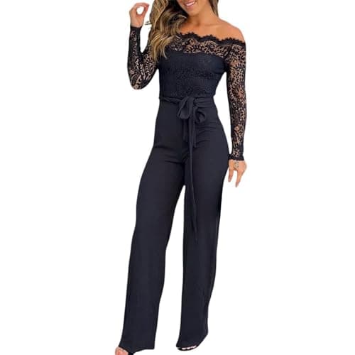 Image of Jumpsuit for Women Wide Leg Long Sleeve - Off Shoulder Jumpsuits for Women UK - Dressy Romper Lace Overalls Straight Leg Pants Jumpsuits Elegant Jumpsuit Going Out Romper Suits Playsuits Black