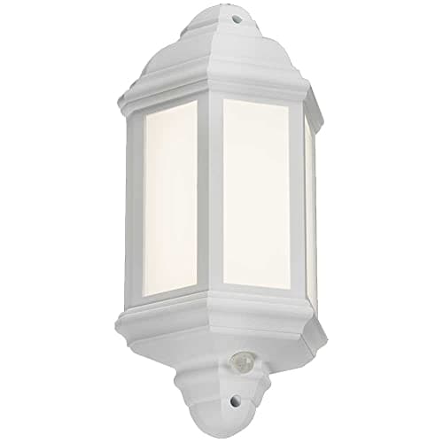 Image of Manningham Lighting Traditional LED 8W Outdoor Garden Wall Lantern - Frosted Glass Panel Porch IP54 Light Photocell Dawn to Dusk Sensor (White - Half Lantern)