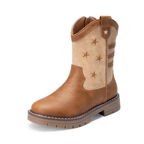Image of DREAM PAIRS Boys Girls Cowboy Boots Kids Western Riding Mid Calf Boots for Little Kid Big Kid,Size 13 Little Kid,Light Brown,KKUMMB2504