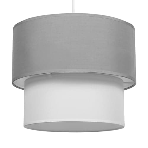 Image of GIGGI 2-Tier Fabric Lamp Shade, 30cm Easy-Fit Ceiling Light Shade, Non-Electrical Pendant Lampshades for Ceiling Lights, Lamp Shades for Table Lamps, Floor Lamps, Living Room, Bedroom (Grey & White)