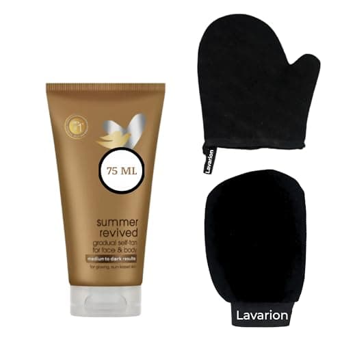 Image of Dove Summer Revived Medium to Dark Gradual Tanning Lotion 75ml with Lavarion Exfoliating Glove and Tan Mitt for Face and Body - Self Tan Kit