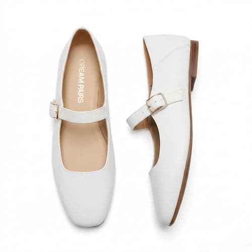 Image of DREAM PAIRS Women's Flats Square Toe Mary Jane Flats Comfortable Casual Slip On Dress Shoes Ballet Flats with Buckle Strap Business Casual Work Office Mary Jane Shoes,Size 6.5,White,DWUMFA2520