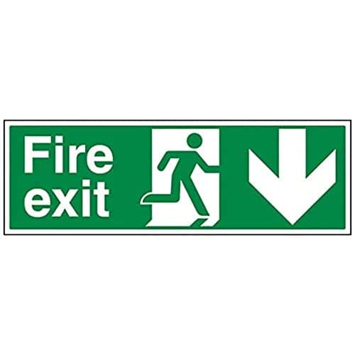 Image of V Safety Fire Exit Arrow Down Sign - Landscape - 600mm x 200mm - 1mm Rigid Plastic