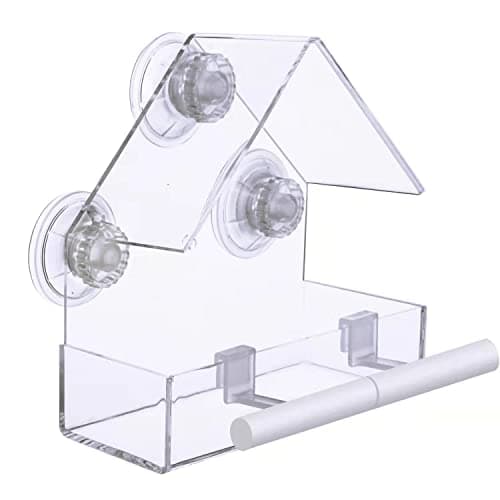 Image of Extra Strong Suction Cups Window Bird Feeder with Drainage Holes. Windowsill Birdfeeders for Small Birds only. LIANGPIN Acrylic Clear House Shape Design