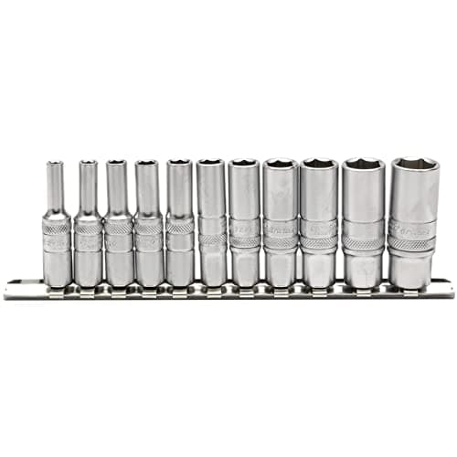 Image of Draper 16491 1/4-Inch Square Drive Imperial 11 Piece Deep Sockets on Metal Rail , Blue