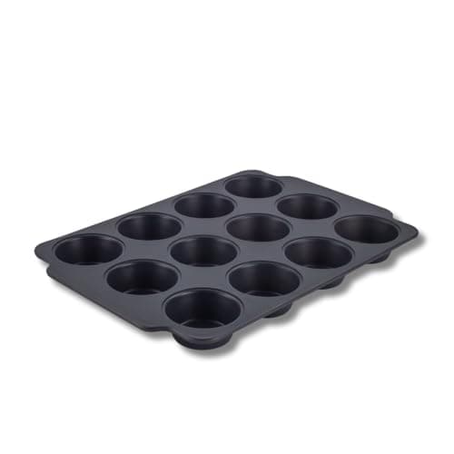 Image of Scoville Ultra Lift 12 Cup Muffin Tray for Oven, Deep Baking Tray for Muffins, Cupcakes & Yorskhire Puddings, 3cm Deep, Oven Safe to 260°C, Dishwasher Safe, Lightweight, PFOA-Free, Carbon Steel, Grey