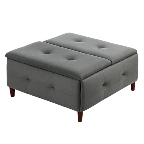 Image of Panana Large Square Storage Ottoman with Lift Top Tufted Upholstered Ottoman Coffee Table, Oversized Ottomans with Storage Toy Box for Living Room 85 X 85 X 41CM (Gray Linen)