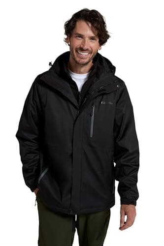 Image of Mountain Warehouse Bracken Extreme Mens 3 in 1 Waterproof Jacket – Adjustable Mens Coat, Warm Rain Jacket, Headphone Compatible Outerwear – Spring Summer, Camping Jet Black S