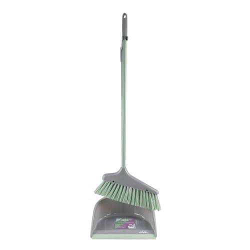 Image of JVL Long Handle Dustpan and Brush Set – Upright Broom and Pan, Stand Up Cleaning Set, Easy Sweep Floor Cleaner, Grey