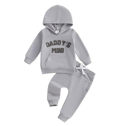 Image of Geagodelia Toddler Baby Boy Clothes Outfits Embroidered Daddy's Mini Hoodie Jumper Sweatshirt Trouser Jogger Fall Winter Clothing Tracksuit (Grey, 0-6 Months)