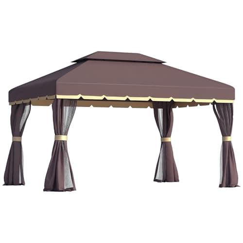 Image of Outsunny 3 x 4m Aluminium Garden Gazebo, Marquee Canopy Shelter Pavilion Party Tent with Nets and Curtains for Garden and Deck, Coffee