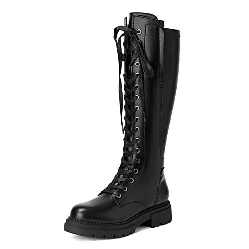 Image of DREAM PAIRS Women's Thigh high Boots, Ladies Over the Knee Boots, Lace up and Zip Combat Knitted Shaft, Durable TPR,Size 5,Black,SDKB2203W-E