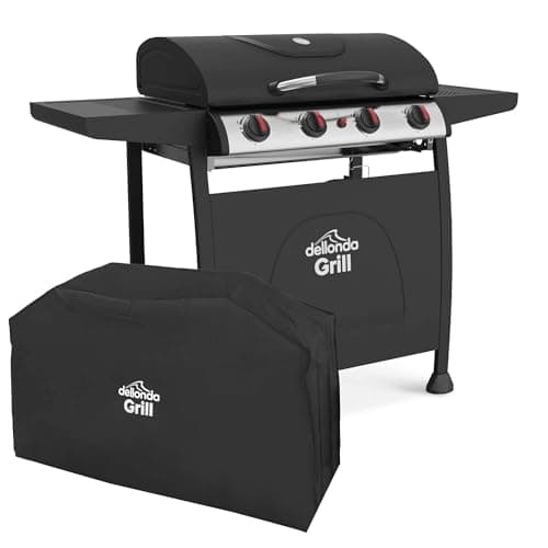 Image of Dellonda 4 Burner Gas BBQ Grill with Piezo Ignition, Built-In Thermometer and Water Resistant PVC Cover, Black/Stainless Steel - DG229