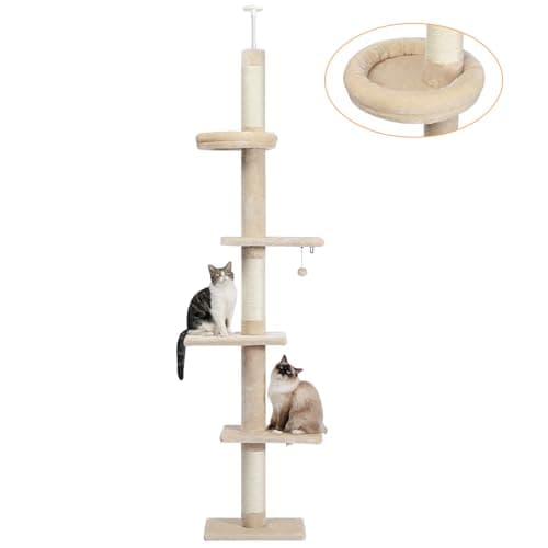 Image of PAWZ Road Cat Tree 5-Tier Floor to Ceiling Cat Tower Height Adjustable, Tall Kitty Climbing Activity Center with Scratching Post, Cozy Bed, Dangling Ball for Indoor Cats/Kitten Beige