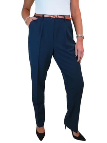 Image of Paulo Due Smart Tailored Fit Pleated Trousers for Women UK Ladies Formal Office Trouser Lightweight Work Pants Navy Blue 8-22 (16)