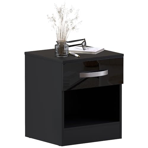 Image of Vida Designs High Gloss Bedside Cabinet Black, 1 Drawer With Metal Handles and Runners, Unique Anti-Bowing Drawer Support, Bedroom Furniture
