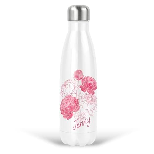 Image of Personalised Floral Water Bottle Pink Peonies Stainless Steel Insulated Thermal Drink Double Wall White 17oz, 500ml (Pink Name)