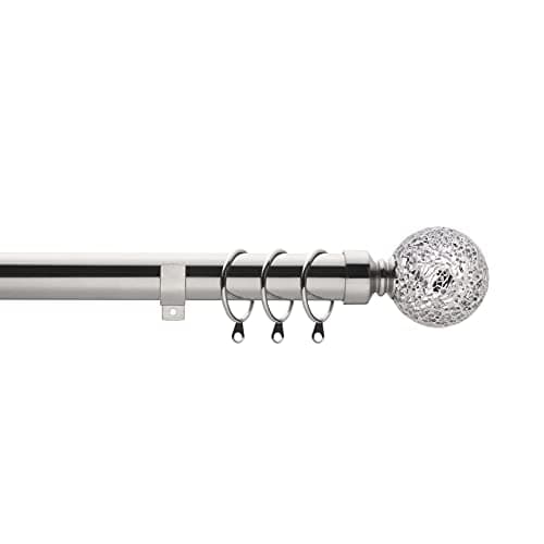 Image of Home Harmony® Cut Glass Ball Finial Telescopic Extendable Curtain Pole set In Black or Silver and Matching Holdbacks Available (Silver, 120-210 cm)