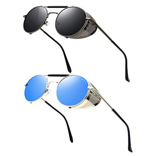 Image of RONSOU Steampunk Style Round Vintage Sunglasses Retro Eyewear UV400 Protection Matel Frame Grey & Blue Lens