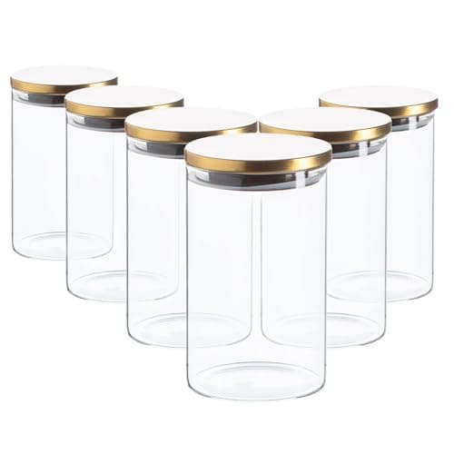 Image of Argon Tableware Scandi Storage Jars with Metallic Gold Lids - 1000ml - 6 Pack - Modern Round Organisation Container Glass Jar for Kitchens, Pantry, Bathrooms, Utility Rooms