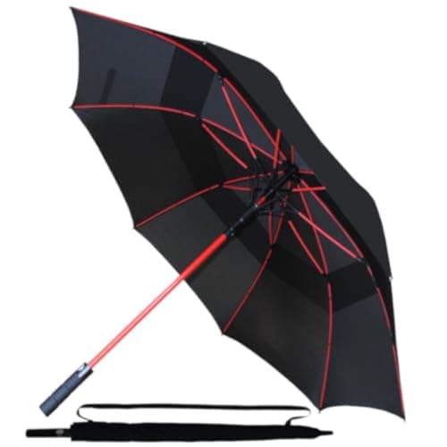 Image of COLLAR AND CUFFS LONDON 60MPH XL Large Windproof Strong Umbrella - StormDefender Big Golf Umbrella - Best for Vented Canopy - Fiberglass - Rainproof Auto Open - Non Slip Handle - Black with Red Ribs