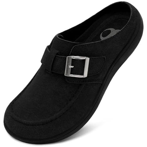 Image of Women's Suede Clogs Soft Mules Cork Slip-on Potato Shoes Closed Toe Lady Fashion Boat Shoes with Adjustable Buckle Black 6 UK