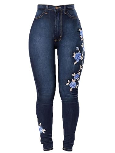 Image of JIER Blue Embroidered Jeans for Women UK High Waist Stretch Butt Lift Slim Sexy Skinny Jegging Jean Rose Flower Denim Trousers Blue, Medium