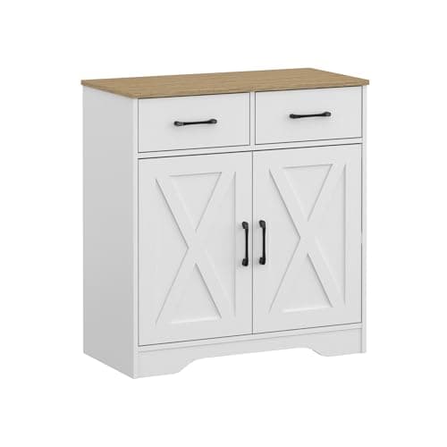 Image of Panana Wooden Storage Cabinet Rustic Organizer for Living Room Kitchen Free-Standing 2 Doors 2 Drawers Hallway Farmhouse Style (White)