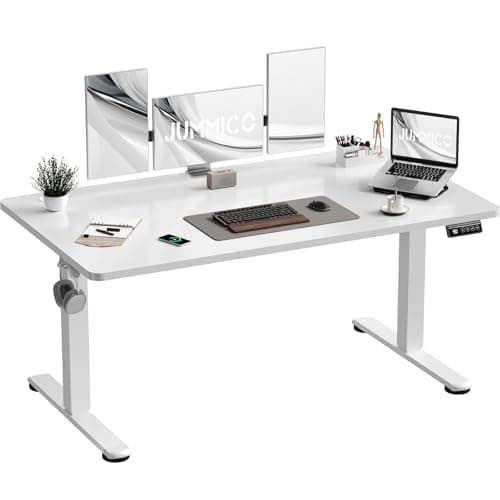 Image of JUMMICO Electric Standing Desk 140 x 60 cm Home Office Height Adjustable Desk, Computer Lift Table with Smart Panel, Sit Stand Desk with Height Memory, White