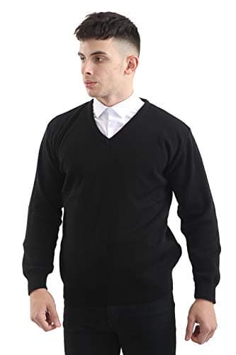 Image of Brooklyn Clothing Mens V Neck Jumpers Soft Feel Acrylic Classic Fit Sweater Long Sleeve Casual Top (Black, XL)