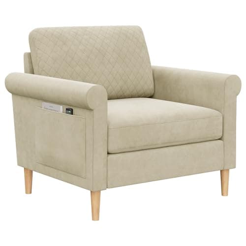 Image of Vesgantti Fabric Accent chair, Upholstered Armchair with Bilateral Pocket Storage and Removable Cushions, Occasional Chair for Living Room Bedroom and Office, Tool-free Assembly, 80W*75D*86Hcm