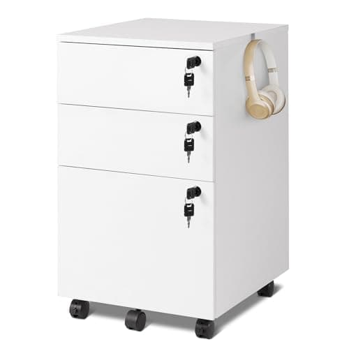 Image of DEVAISE 3 Drawers Filing Cabinet, Lockable File Cabinet Wood Under Desk Drawers with Storage fits Letter/Legal/A4 Size for Home Office, Bright White
