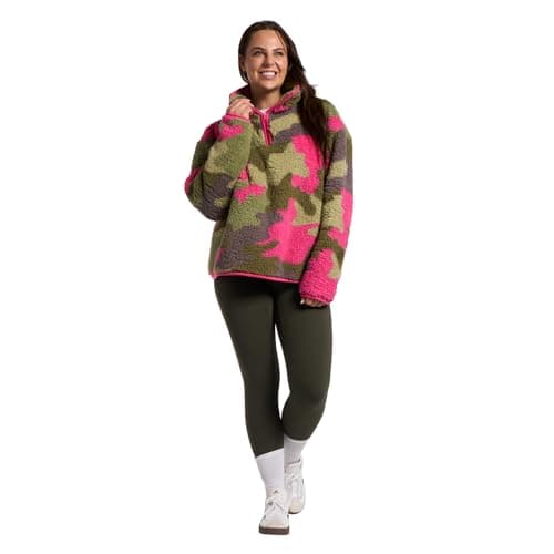 Image of OHS Teddy Fleece Jacket Women, Camouflage Half Zip Fleece Women Pullover Ultra Soft Cosy Womens Sweatshirt Casual Long Sleeve Sweater Top for Travel Hiking, Pink/Green - S/M