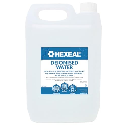 Image of Hexeal Deionised Water 5L for Steam Irons, Car Batteries, Windscreen Fluid & Antifreeze - Demineralised, Reduces Limescale Deposits & Stains - For Lab Use