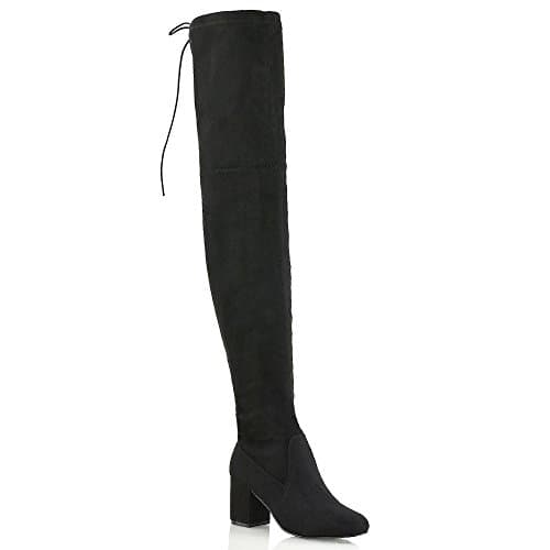 Image of ESSEX GLAM Womens Black Over The Knee Lace Up Long Stretch Calf Block Low Mid Heel Shoes 3-8
