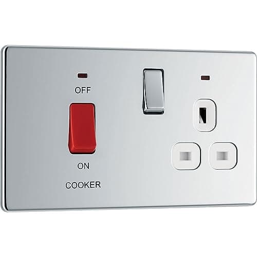 Image of BG Electrical Cooker Switch with Socket and LED, Cooker Control Unit, Control Socket, Double Pole, Screwless Front Plate, Slim Profile, Premium Flatplate, Polished Chrome, White Inserts, 45A, FPC70W