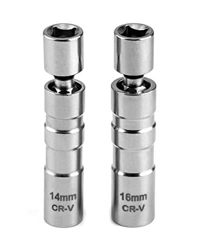 Image of QWORK® 2Pcs Thin Wall Spark Plug Socket, 3/8 Inch 12-Point Universal Joint Magnetic Swivel Socket Removal Tool (14mm & 16mm)
