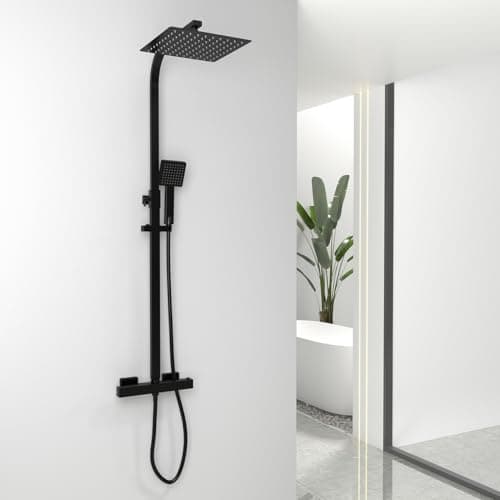 Image of Rainfall Black Shower System with Thermostatic Mixer Valve, 250mm Square Overhead Shower Head, Handheld Shower Head, 1.5M Hose