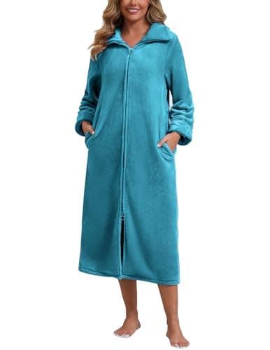 Image of Rubehoow Women's Zip Up Flannel Dressing Gown Super Warm Plush Fleece Bath Robe with Pockets (M, Turquoise)