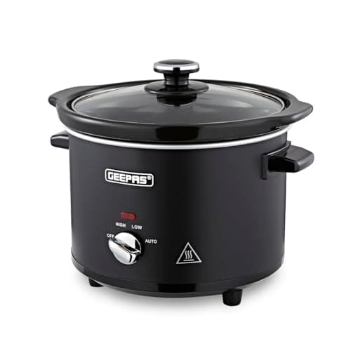 Image of Geepas 2.5 Litre Slow Cooker | 3 Temperature Settings, Removable Easy-Clean Ceramic Bowl | Tempered Glass Lid & Cool Touch Handles, Matt Design | 2 Year Warranty, Black