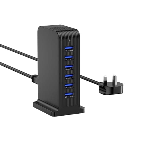 Image of Qurzou 25W USB Charger, Multiport Mains Power Adaptor, USB Charging Station for iPhone, AirPods, iPad, Samsung Galaxy and More - Black (6 Ports)