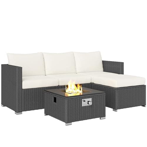 Image of Outsunny 5 Piece Rattan Garden Furniture Set with Gas Fire Pit Table, 4 Seater Outdoor Sectional Sofa Set with Footstool and Removable Cushions, Modular Combination, Black and Cream White