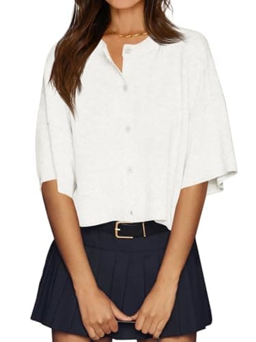 Image of Cicy Bell Womens Half Sleeve Cardigan Sweaters Cropped Button Down Tops Oversized Lightweight Ribbed Knit Summer Outfits, White, S